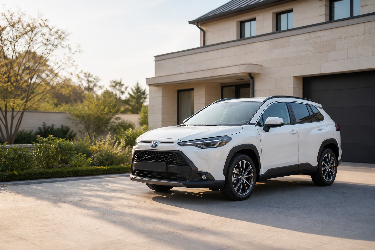 Representative pearl white Toyota Frontlander-style compact SUV outside a modern family home